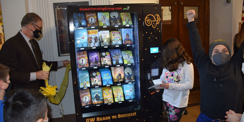 West Hempstead School District Superintendent Dan Rehman helped students to unveil George Washington School’s “Reading Rams” Book Vending Machine on Feb. 17.